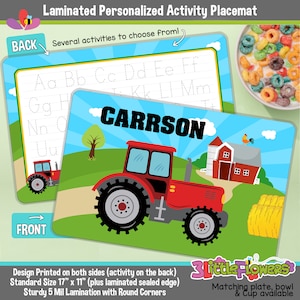 Personalized Tractor Placemat - Personalized placemat for kids - Laminated Custom Double-sided placemat - Activity Placemat for Children