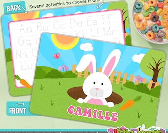 Personalized Bunny Placemat - Personalized placemat for kids - Laminated Custom Double-sided placemat - Activity Placemat for Children