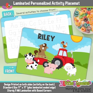 Personalized Tractor Placemat - Personalized placemat for kids - Laminated Custom Double-sided placemat - Activity Placemat for Children