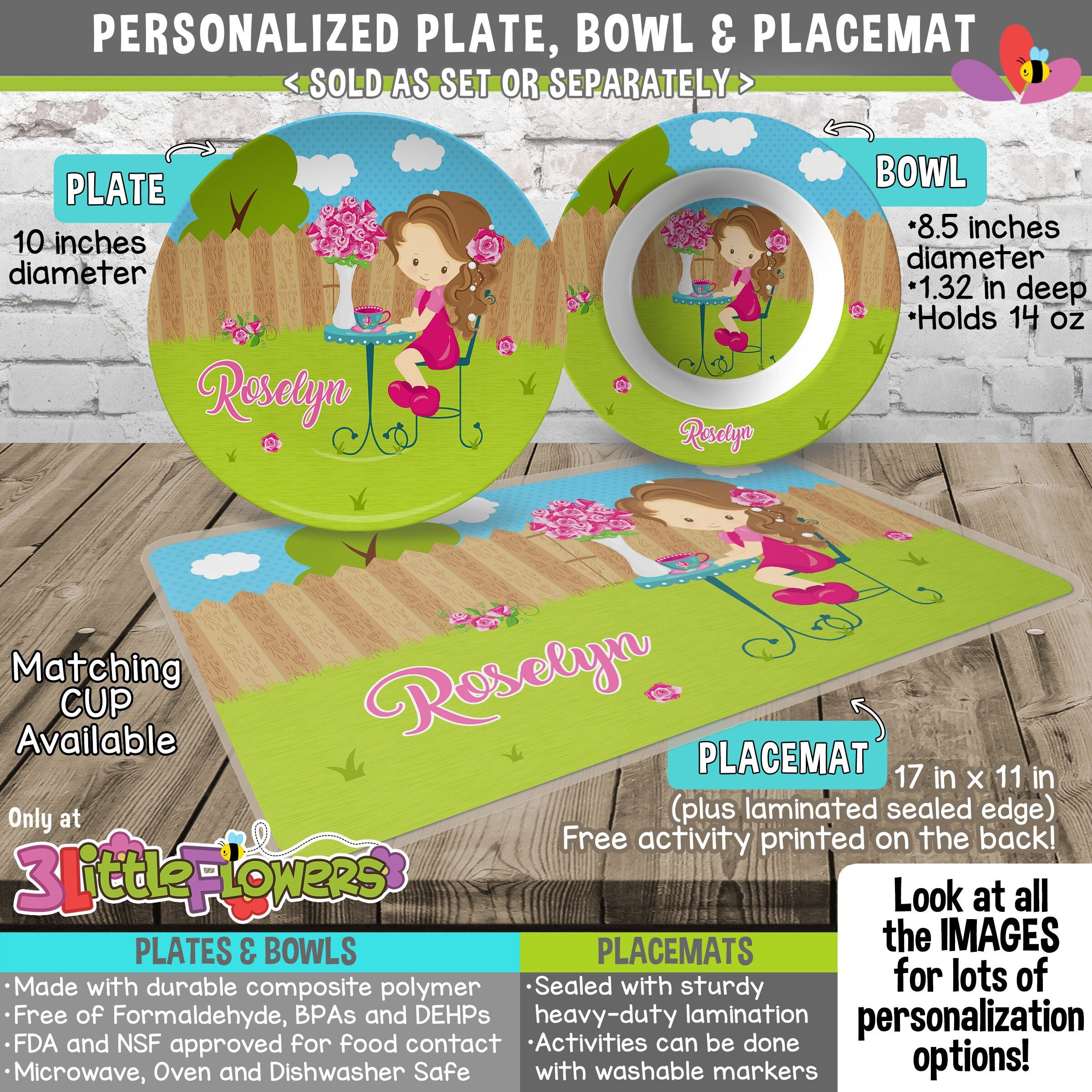 Tea Time and Roses Plate and Bowl Set - Personalized Plastic  Children Plate and Cereal Bowl - Kids Dishes Mealtime - Personalized Tea Cup