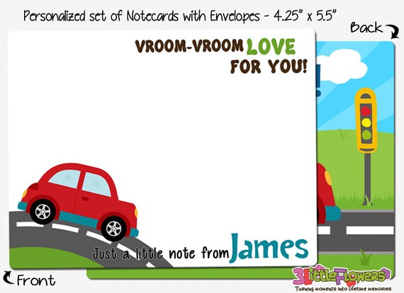 Car Note Cards - Set of Personalized Note Cards - 4.25 x 5.5 - Double-Sided Thank you Cards - Children Stationery - Kids Notecards - Red Car Il_570xn