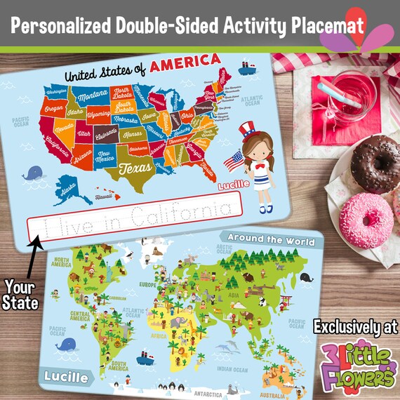 United States of America and World Map Placemat Personalized placemat for kids Laminated