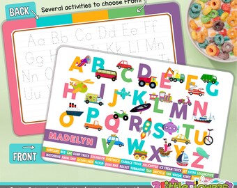 Personalized Transportation Alphabet Placemat - Personalized placemat for kids - Laminated Double-sided placemat - Kids Activity Placemat