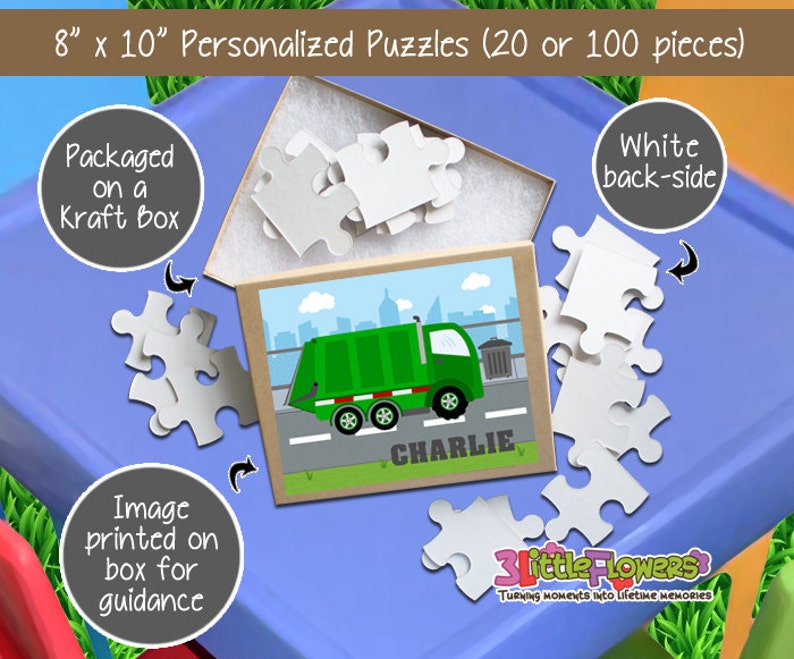 Personalized 8 x 10 Puzzle 20 pieces puzzle Personalized Children Puzzle Personalized Garbage Truck Puzzle Personalized Name Puzzle