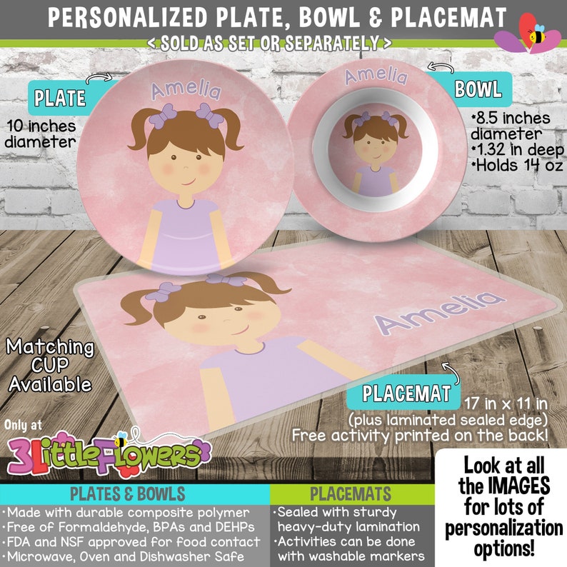 Little Girl Plate and Bowl Set Personalized Plastic Children Plate and Cereal Bowl Kids Dishes for Mealtime Choose hair skin eye color image 1