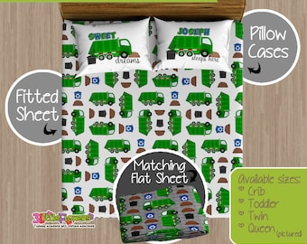 Garbage Truck Custom Fitted and Flat Sheets - Kids Bed Sheets - Customized Children Bedding - Kids Pillowcase - Garbage Truck Bedroom Decor