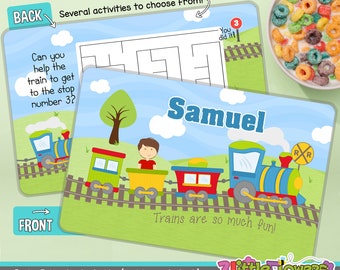 Personalized Train Placemat - Personalized placemat for kids - Laminated Custom Double-sided placemat - Activity Placemat for Children