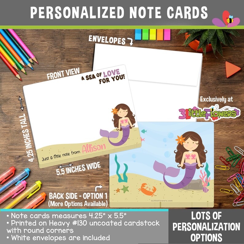 Mermaid Notes Mermaid Note Cards - Set of Personalized Note Cards - 4.25” X 5.5 ...