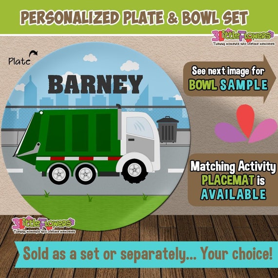 Garbage Truck Plate and Bowl Set Personalized Plastic Children Plate