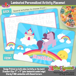 Unicorn and Rainbow Placemat Personalized placemat for kids Laminated Custom Double-sided placemat Activity Placemat for Children image 1