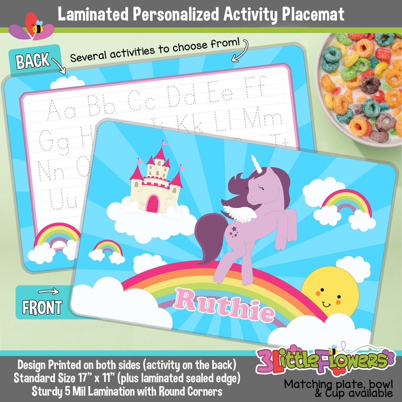 Unicorn and Rainbow Placemat Personalized placemat for kids Laminated Custom Double-sided placemat Activity Placemat for Children image 1