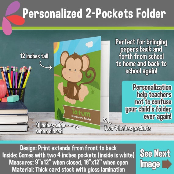 Personalized Monkey Folder - Personalized 2 Pockets Folder - Personalized School Supplies for Kids - Custom Gift for Back to School Il_570xn