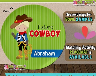 Future Cowboy Plate and Bowl Set - Personalized Plastic Children Plate Cereal Bowl - CHOOSE HAIR SKIN color - Career Plate Set