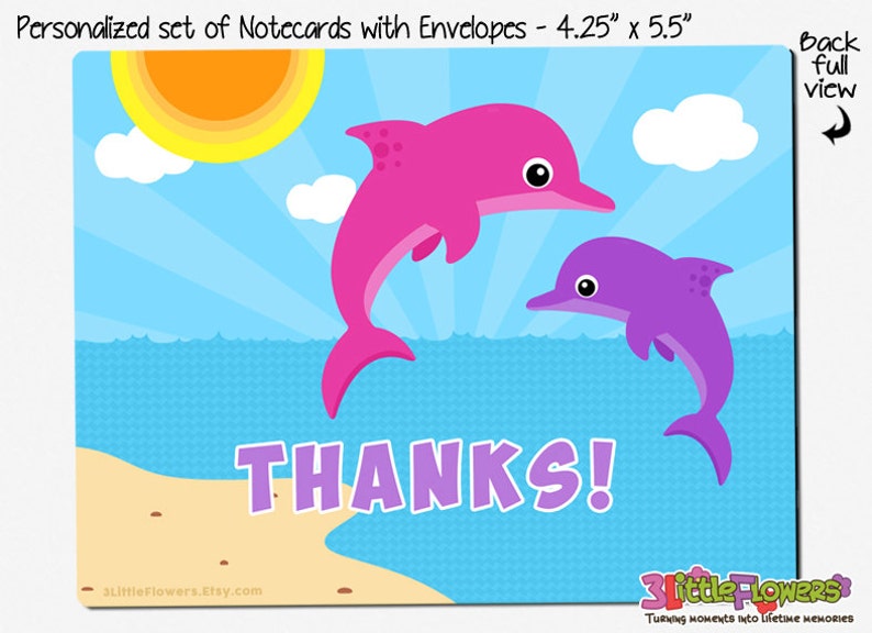 Set of Personalized Note Cards Double-Sided Thank you Cards Kids Notecards 4.25\u201d x 5.5\u201d Children Stationery Dolphin Note Cards