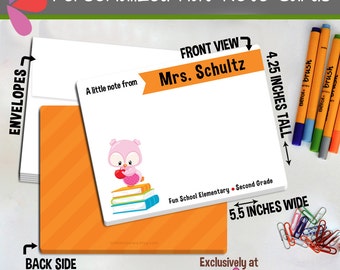Owl Teacher Note Cards - Set of Personalized Note Cards - Double-Sided and Printed Cards - Owl and Books Teacher Personalized Stationery