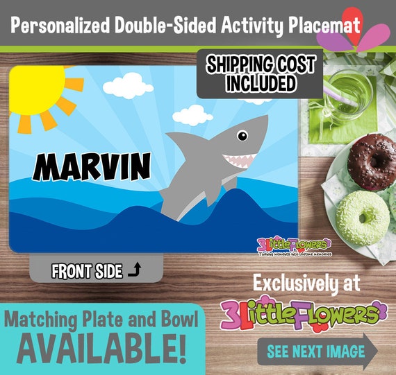 Personalized Shark Placemat - Personalized placemat for kids - Laminated Custom Double-sided placemat - Activity Placemat for Children Il_570xn