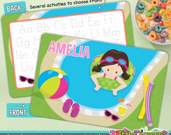 Personalized Pool Girl Placemat - Personalized placemat for kids - Laminated Custom Double-sided placemat - Activity Placemat for Children