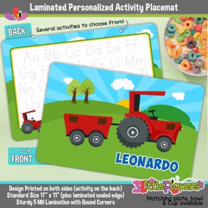 Personalized Tractor Placemat - Personalized placemat for kids - Laminated Custom Double-sided placemat - Activity Placemat for Children