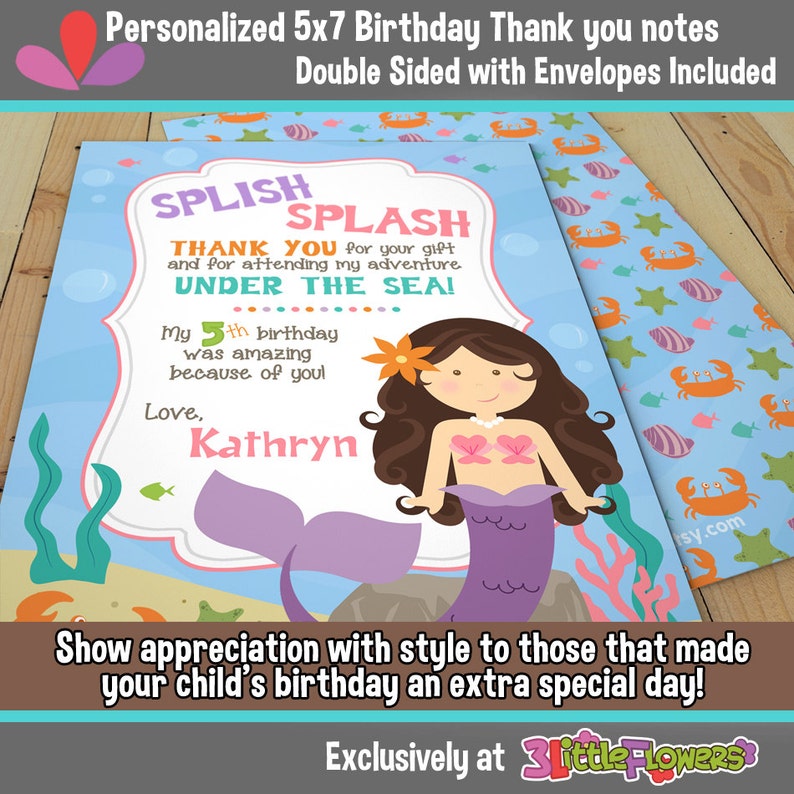 Mermaid Theme Thank you note Cards Mermaid Party Personalized Mermaid Thank you note 5 x 7 Double-Sided and Printed Thank you notes