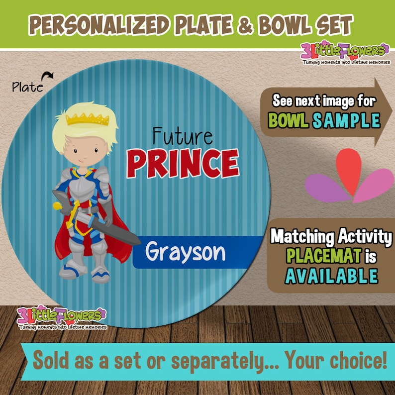 Personalized Plastic Children Plate Cereal Bowl CHOOSE HAIR SKIN color Future Prince Plate and Bowl Set Career Plate and Bowl Set