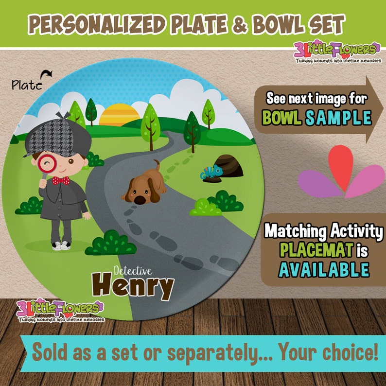Choose HAIR SKIN color Personalized Plastic Children Plate Cereal Bowl Custom Future Detective Plate Boy Detective Plate and Bowl Set