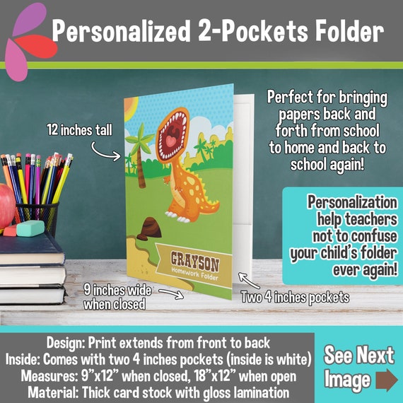 Personalized Tyrannosaurus Folder - Personalized 2 Pockets Folder - Personalized School Supplies for Kids - Custom Gift for Back to School Il_570xn