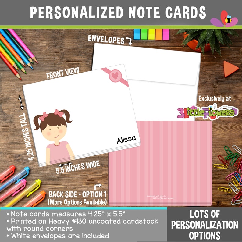 Little Me Note Cards Set of Personalized Note Cards Double-Sided Thank you Cards Children Stationery Kids Notecards Girl Face image 1