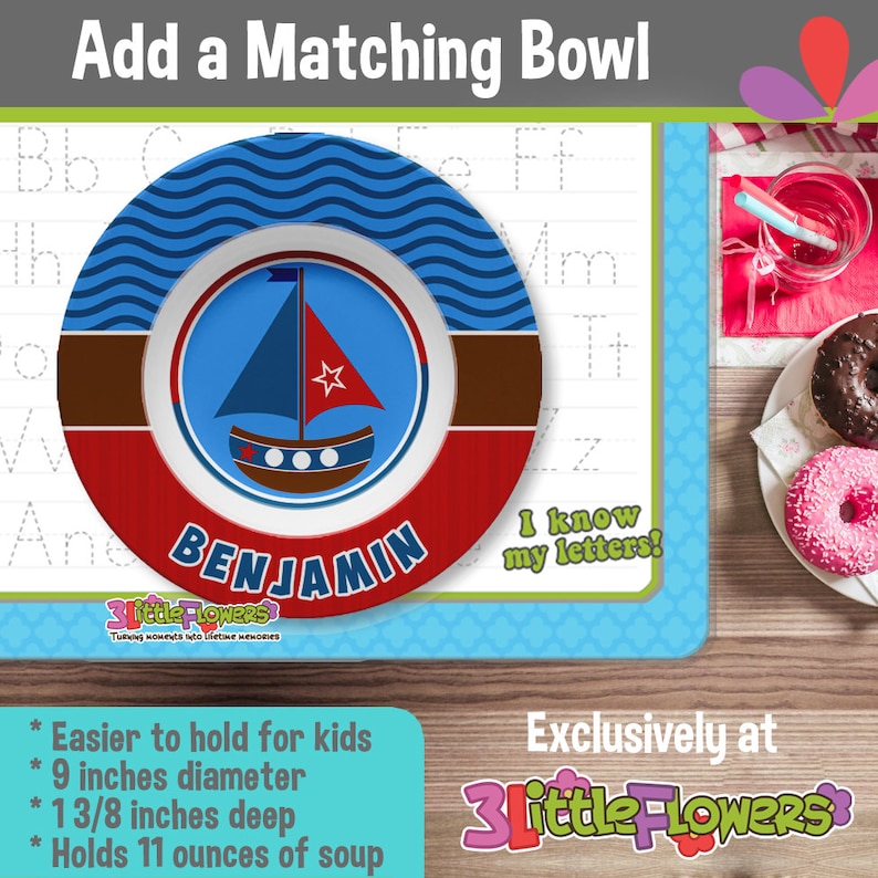 Personalized Plastic Children Plate and Cereal Bowl Personalized Sailboat Plate and Bowl Set Nautical Plate Kids Dishes for Mealtime