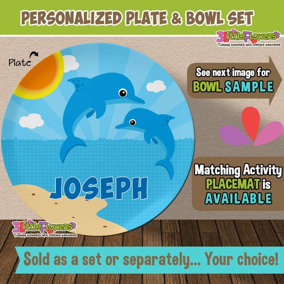 Personalized Sea Horse Plate and Bowl Set Kids Dishes for Mealtime Personalized Plastic Children Plate and Cereal Bowl Under the sea