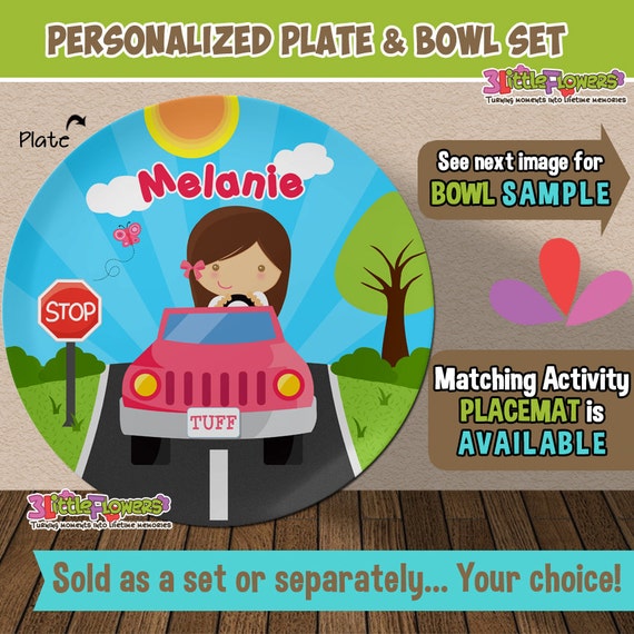 Driver Girl Plate and Bowl Set - Personalized Plastic Children Plate Cereal Bowl - Choose TRAITS color - Personalized Car Plate & Bowl Set Il_570xn