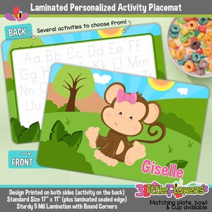 Personalized Baby Monkey Placemat - Personalized placemat for children - Laminated Custom Double-sided placemat - Kids Activity Placemat