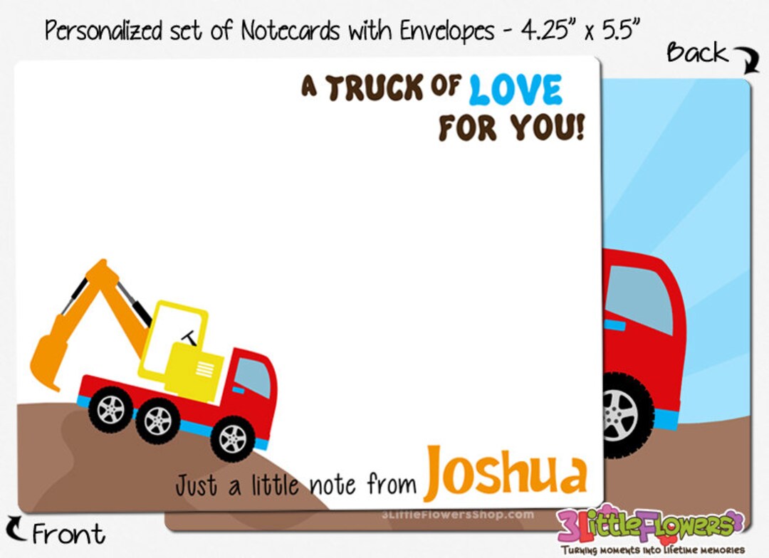 Digger Truck Note Cards Set of Personalized Note Cards Etsy