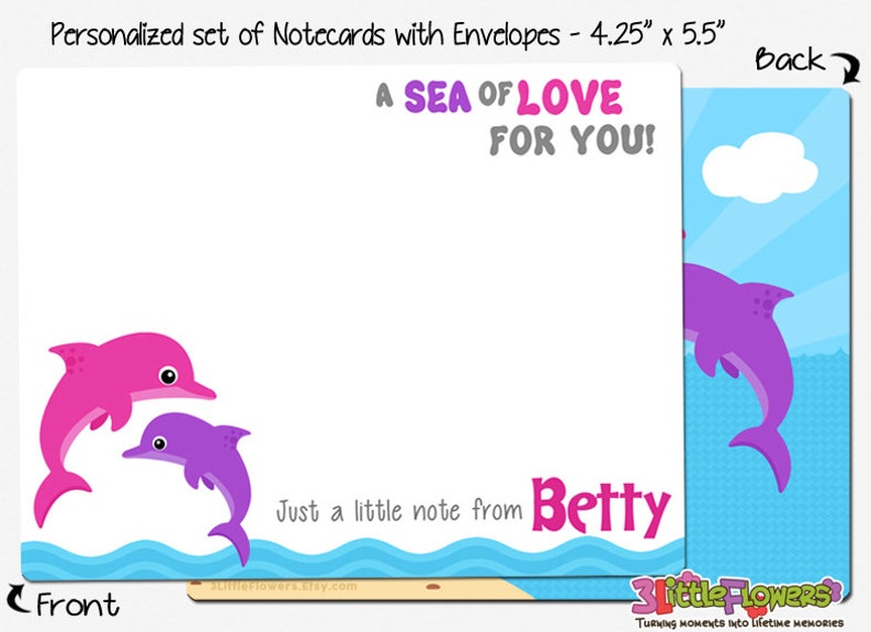 Set of Personalized Note Cards Double-Sided Thank you Cards Kids Notecards 4.25\u201d x 5.5\u201d Children Stationery Dolphin Note Cards