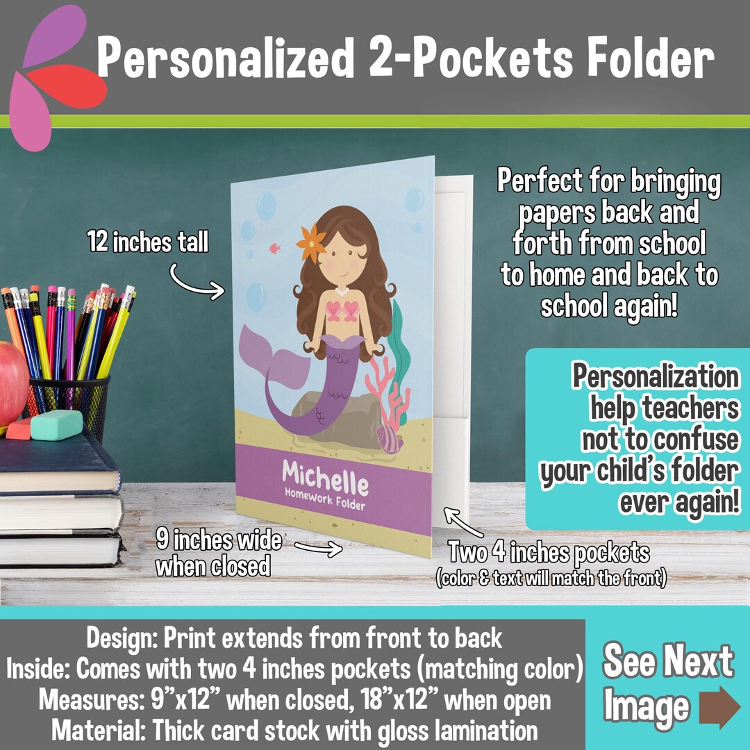 Mermaid Code Folder Personalized Mermaid Folder: Back to School, Two Pockets (hairstyle ...
