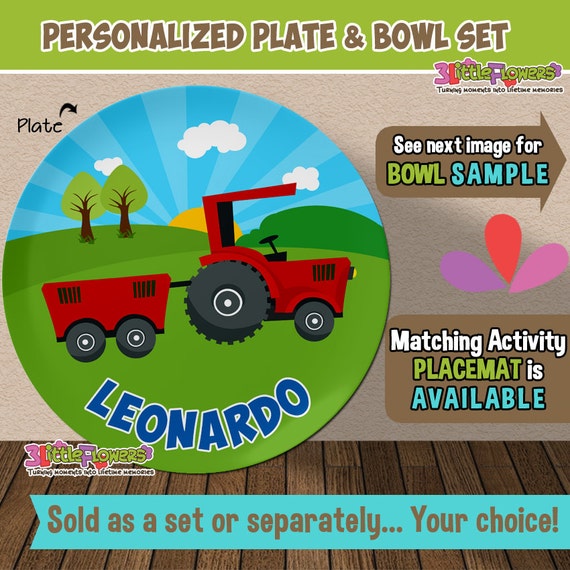 Tractor Plate and Bowl Set Personalized Plastic Children Plate Cereal