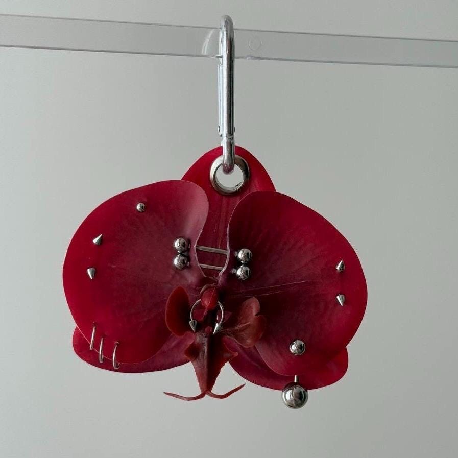 Red Pierced Orchid Keychain Grunge, Hawaii Tropical