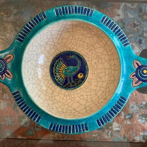 French Art Deco Bowl w/ Peacock Relief; Atelier Primavera in Longwy, Fr; Created for Printemps Deptartment Store; Great Condition
