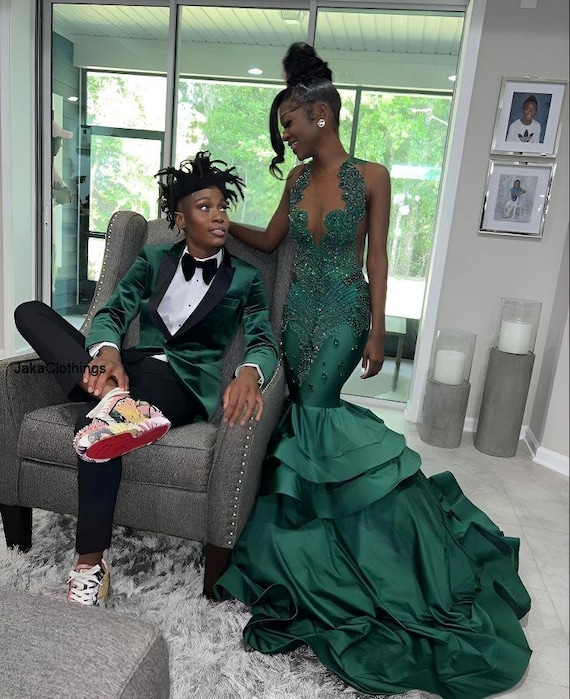 slim fit dress slacks Green velvet sequins prom dress with silver Ab appliqués. – K.D.Kollections  Store main image 0