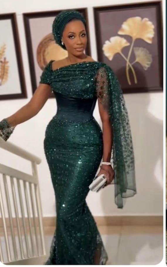 Handmade African Long Dress: Hunter Green Wedding Guest Asoebi