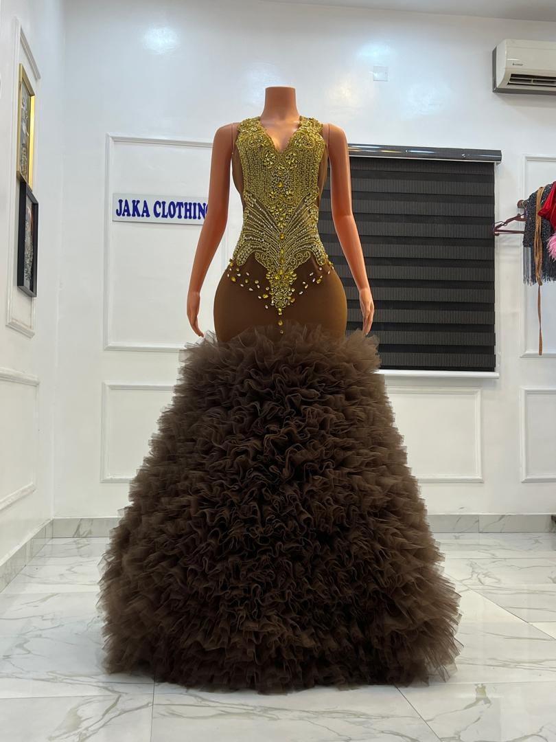 brown two piece prom dress Two Piece Prom Dresses High Neck Long Beading Mermaid Sparkly Prom Dre –  Anna PromDress main image 0