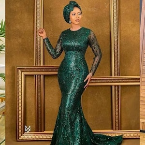 chinese dress ladies Long Sleeves Mermaid Side Slit Long Evening Prom Dresses, Emerald Green  Satin Prom Dress, MR8933 main image 0