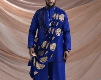 Handmade African Suit with Palazo Pants: Men Wedding Outfit, Kaftan, Dashiki