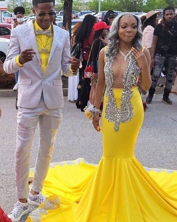 Handmade Yellow Mermaid Prom Dress: Rhinestone Applique, Matching Couple Set