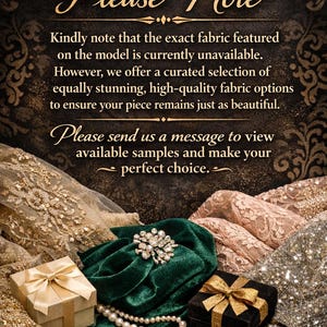 K&ouml;nnte beinhalten: Ein Bild mit dem Text "Please Note". Es zeigt Stoffmuster in Gold, Smaragdgr&uuml;n und Silber. Eine Perlenkette, eine Schmuckbrosche und Geschenkboxen sind ebenfalls zu sehen. Die Gesamt&auml;sthetik ist luxuri&ouml;s und deutet auf hochwertige Materialien hin.