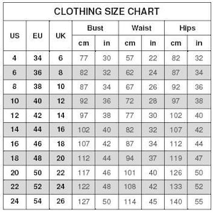 K&ouml;nnte beinhalten: Eine Bekleidungsgr&ouml;&szlig;entabelle mit Ma&szlig;en in Zentimetern und Zoll. Die Tabelle enth&auml;lt US-, EU- und UK-Gr&ouml;&szlig;en sowie Brust-, Taillen- und H&uuml;ftma&szlig;e. Die Gr&ouml;&szlig;en reichen von US 4 bis 24.