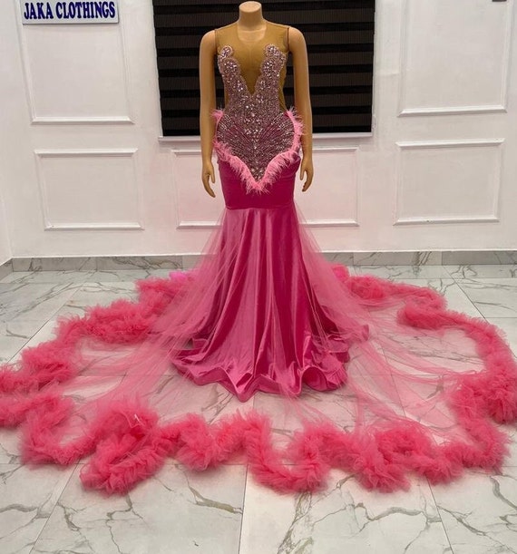 pink velvet mermaid dress Handmade Pink Velvet Mermaid Dress: Rhinestone Applique, Floor Length