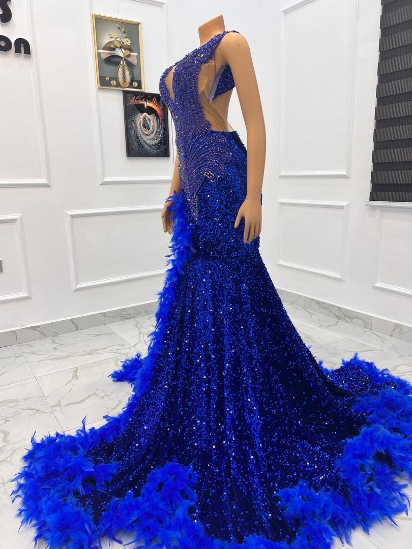 royal blue beaded mermaid prom dress Royal Blue Beaded V Neck Cutout Mermaid Long Prom Dresses, Royal Blue / 2