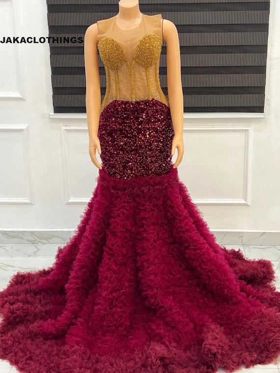 red and gold mermaid dress Red Satin Mermaid Column Gold Beaded Sleeveless Long Prom Dresses