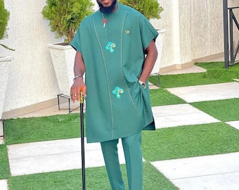 Handmade African Men's Kaftan Suit: Igbo Wedding, Senator Style