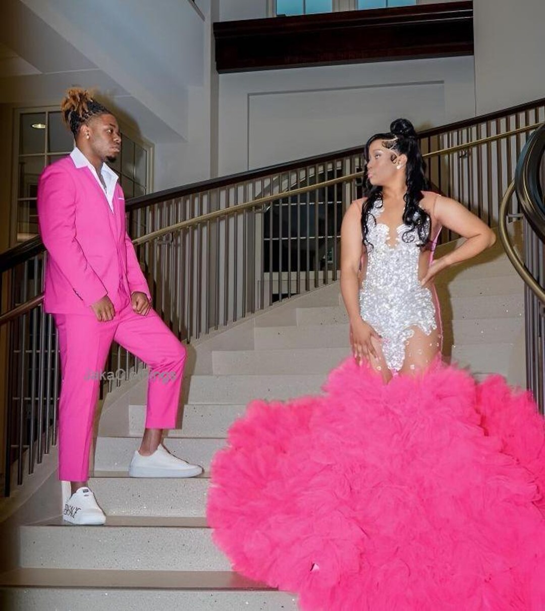 pink prom dress couple Sexy Pink Feather Mermaid Pink Mermaid prom dress with Full Lace and Sweep Train for Couples